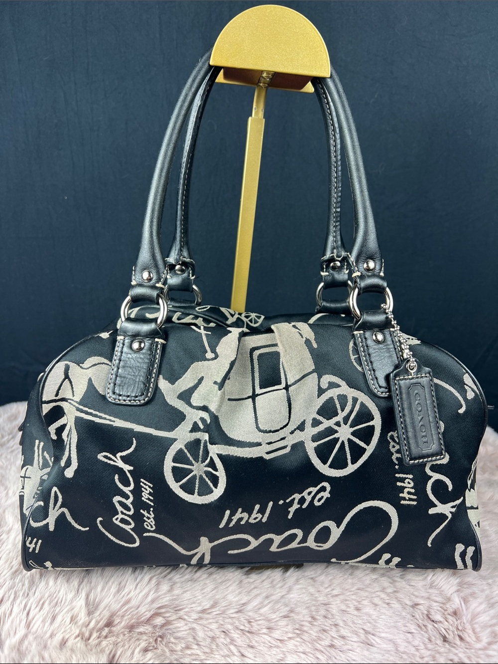 Coach Horse & Carriage Jacquard Satchel Black Leather Handbag F14481 EUC